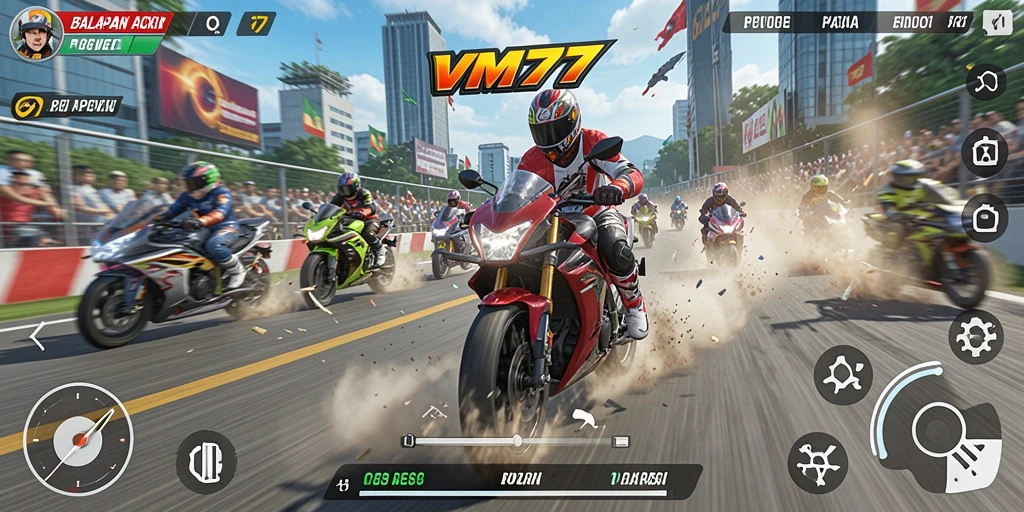 Tangkapan layar utama VM777 yang memperlihatkan aksi balapan motor yang mendebarkan.